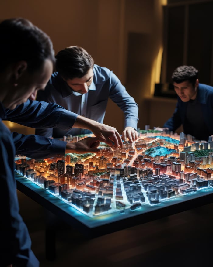 Three men studying a miniature city model intently, discussing urban planning and smart city strategies.