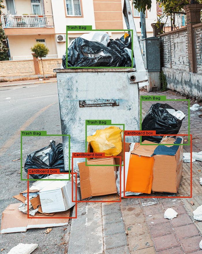 A cluttered trash can surrounded by boxes and miscellaneous items on the ground analyzed by computer vision