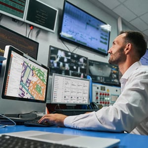 A man using a computer in a utility control room working on an IoT Platform while wearing a white shirt.
