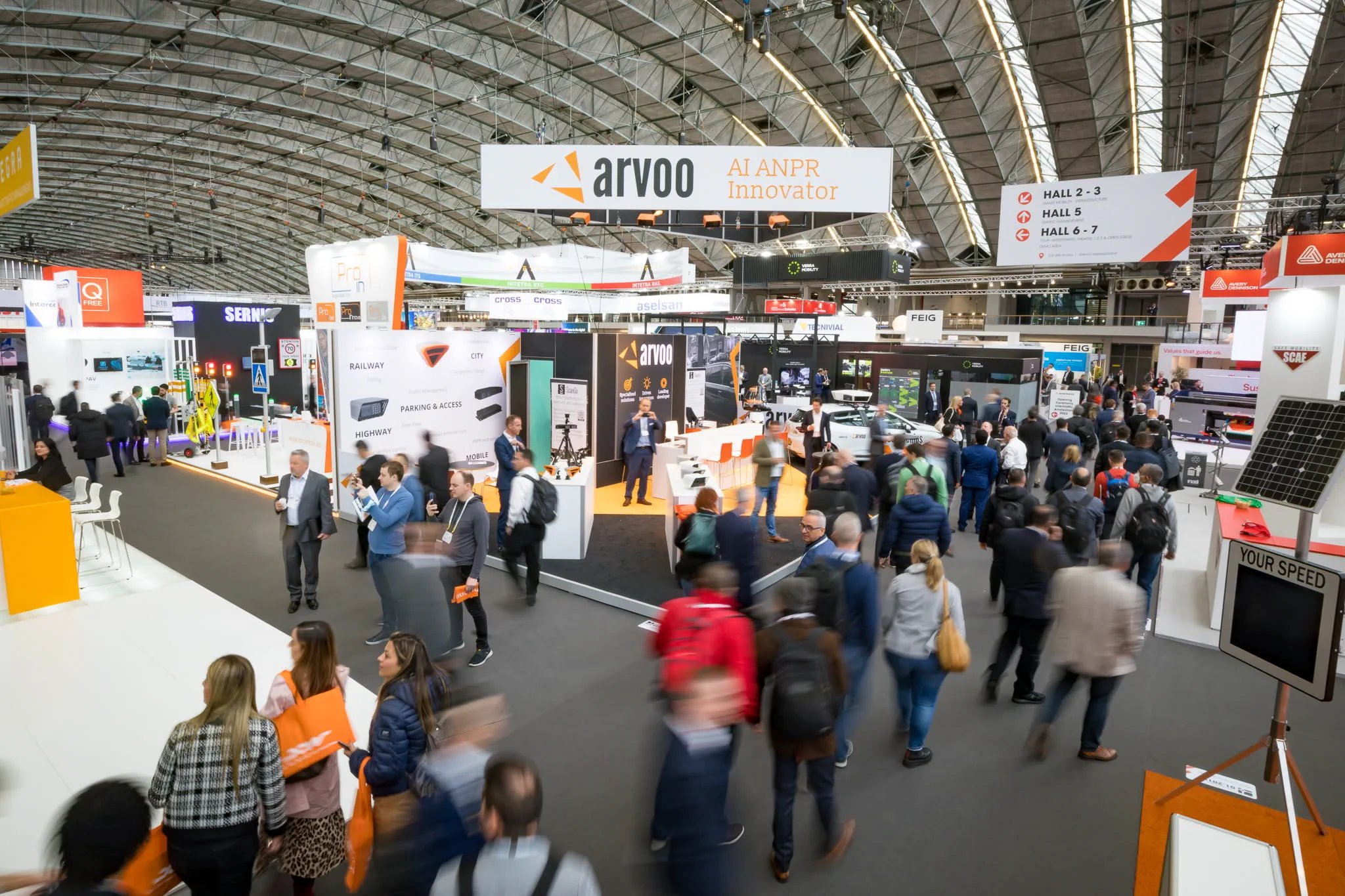 Crowded exhibition floor at Intertraffic Amsterdam 2024 featuring the Arvoo AI and ANPR Innovation booth.