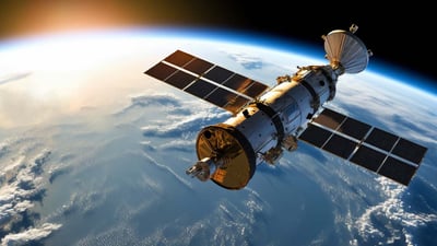 A communications satellite with solar panels orbiting Earth against a sunrise horizon.