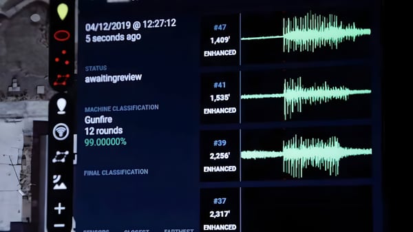 Digital interface displaying green audio waveforms and a machine classification of gunfire next to a satellite map.