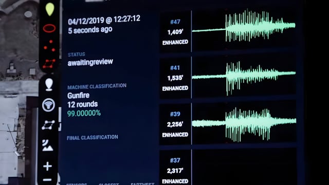 Digital interface displaying green audio waveforms and a machine classification of gunfire next to a satellite map.