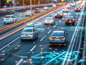 High traffic on highway beside towering city skyscrapers.