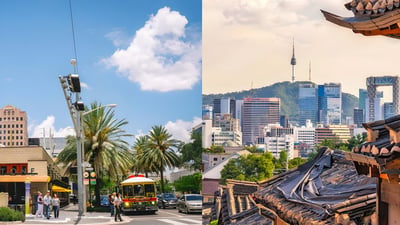 Split view of a Coral Gables street with a trolley and the Seoul skyline featuring the N Seoul Tower.