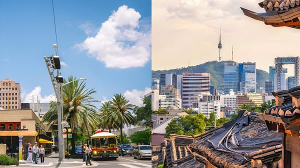 Split view of a Coral Gables street with a trolley and the Seoul skyline featuring the N Seoul Tower.