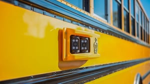 Close-up of a dual-lens safety camera mounted on the side of a yellow school bus.