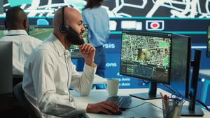 An operator wearing a headset monitors a digital map on dual screens inside a modern traffic control room.