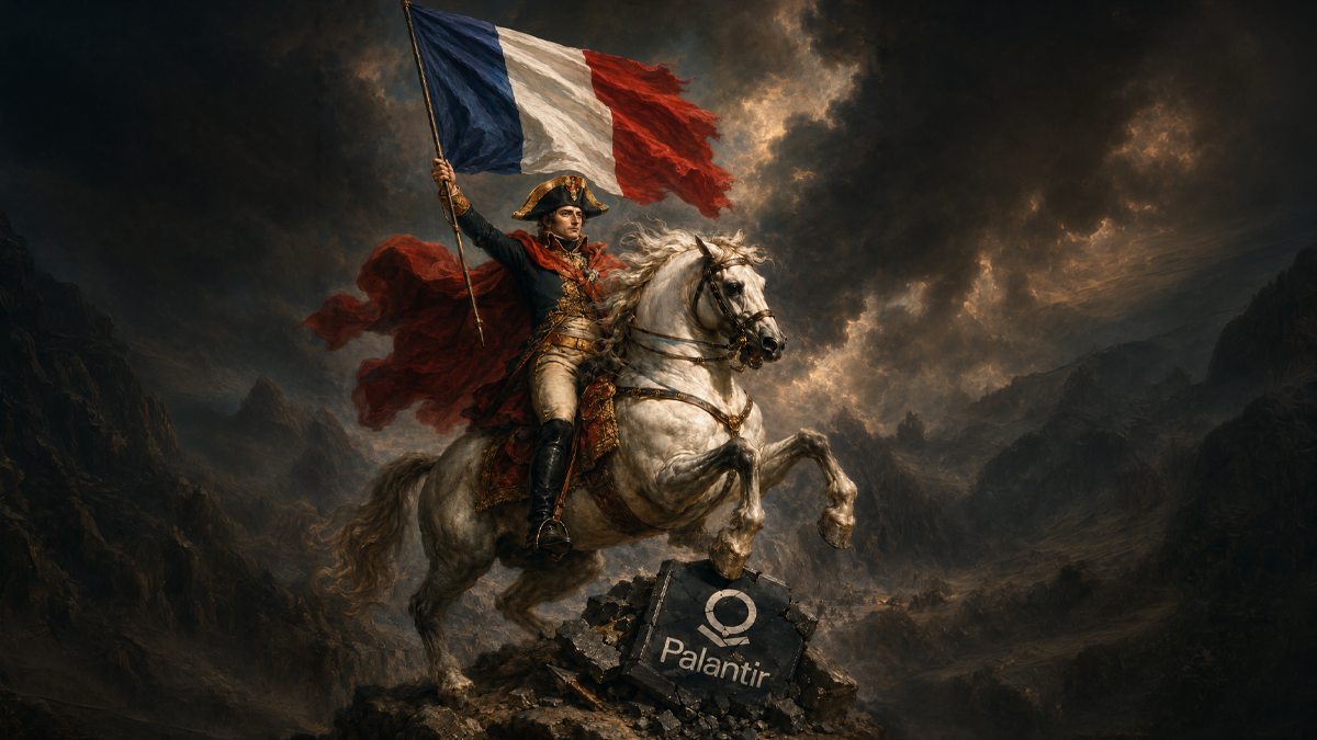 Painting of Napoleon on a white horse holding a French flag, with his horse stepping on a broken Palantir logo stone