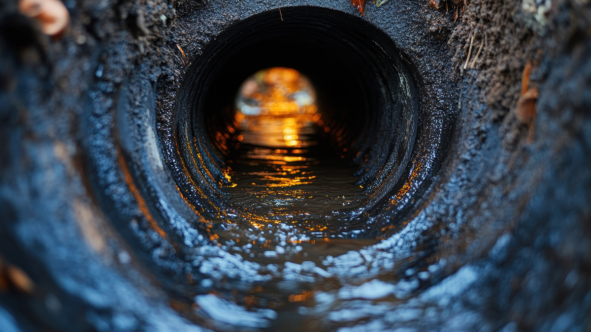 Close-up interior view looking through a dark, wet underground sewer pipe with water reflecting light at the far end