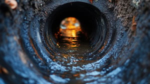 Close-up interior view looking through a dark, wet underground sewer pipe with water reflecting light at the far end
