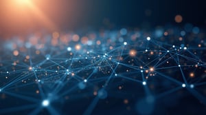 Abstract digital network illustration of interconnected blue lines and glowing orange and white nodes with bokeh lights