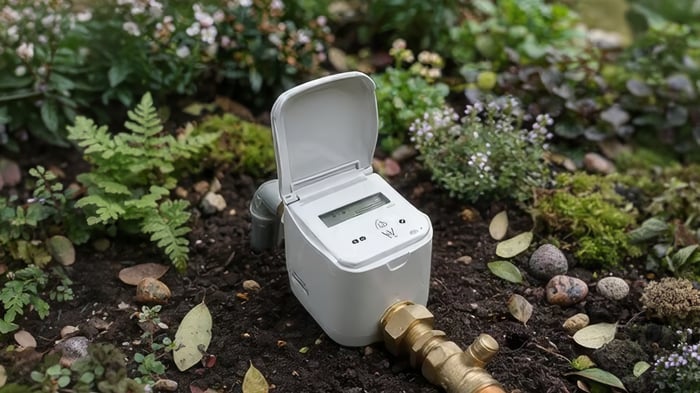 A digital smart water meter with an open lid installed in a garden bed with soil and green plants.
