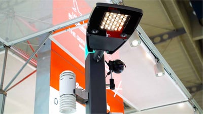 A photo of a LED smart street light shot form a low angle