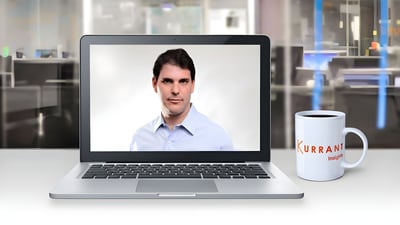 Ariel Stern on a laptop screen next to a Kurrant Insights coffee mug in a blurred office setting.