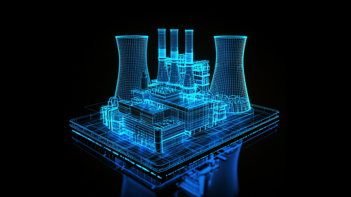 Virtual power plant with cooling towers and smokestacks on a black background