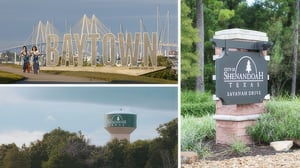 Split-screen image showing a Baytown sign with a bridge, a Shenandoah Texas welcome sign, and a green water tower