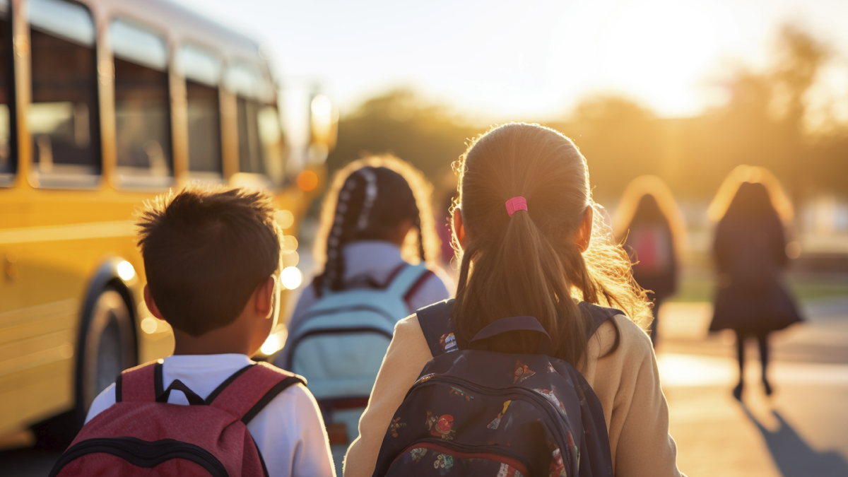 Back view of schoolchildren wearing backpacks walking beside a yellow school bus outdoors.