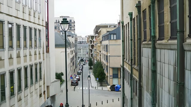 A narrow Brussels street viewed from an elevated position featuring traditional black lamp posts and parked cars.