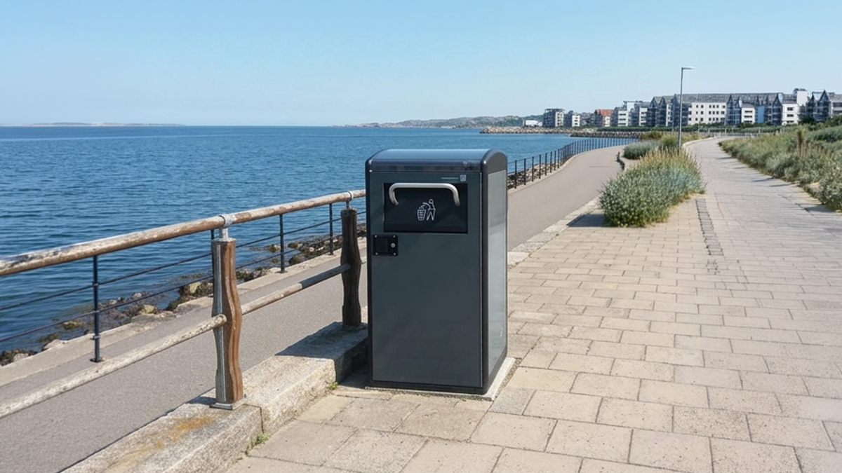 A solar-powered smart waste bin stands on a paved coastal promenade next to a metal railing and the sea.