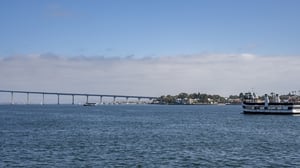 San Diego-Coronado Bridge spanning across a bay with boats sailing under a partly cloudy sky.