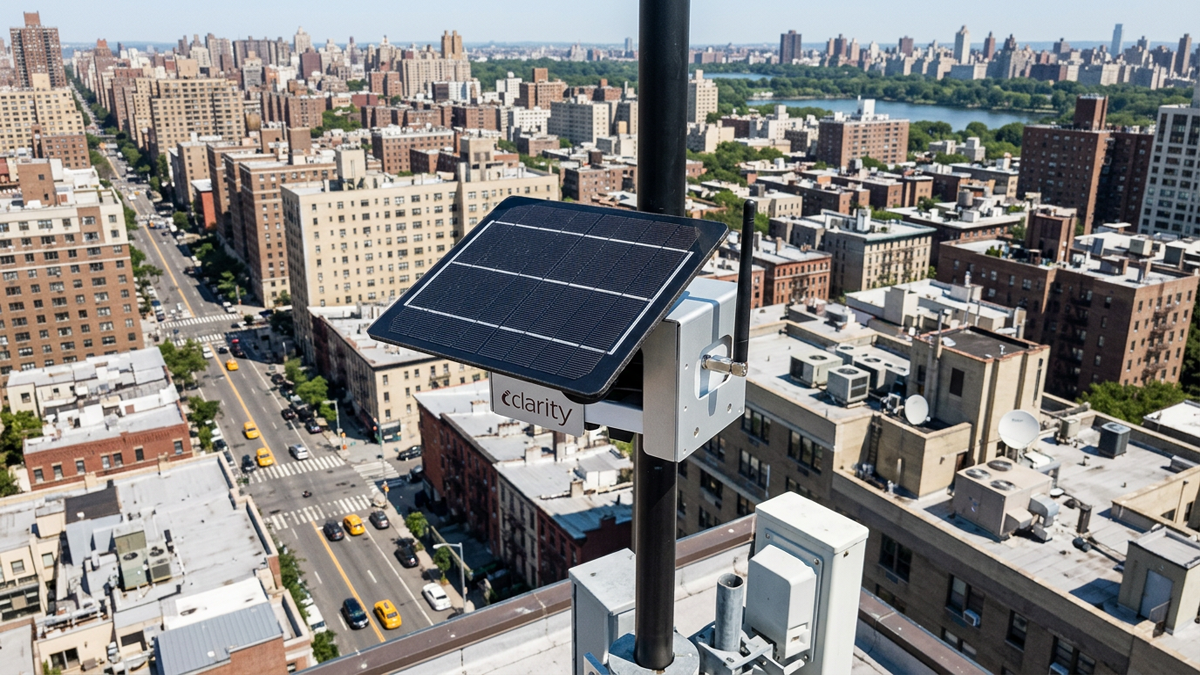 A Clarity air quality sensor with a solar panel mounted on a rooftop overlooking a dense city skyline