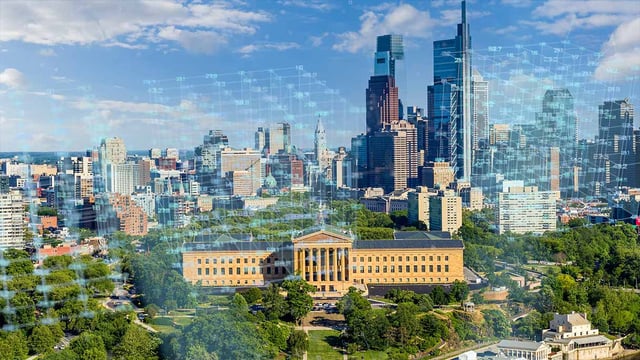 A smart city with greenery with connected dots overlay representing blockchain