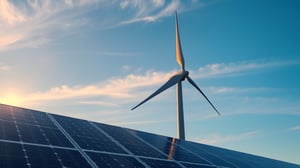 Solar panels in the foreground with a large wind turbine against a blue sky and setting sun.