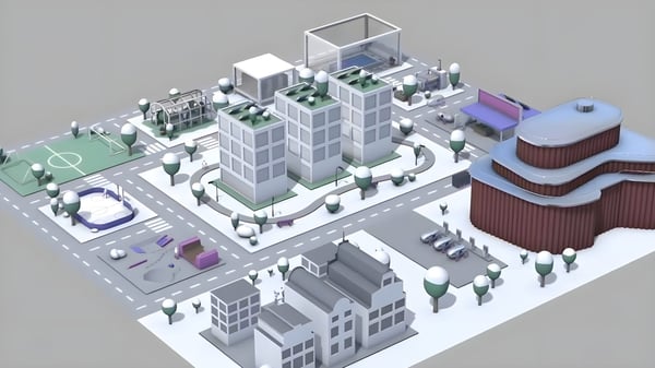 Isometric 3D digital twin model of a city block featuring buildings, a soccer field, and roads covered in snow.