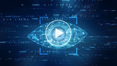 Digital illustration of a glowing blue eye icon with a play button overlay and binary code on a dark background.