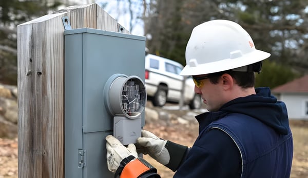 A utility worker in a white hard hat and gloves installs a smart electric meter on an outdoor residential enclosure.