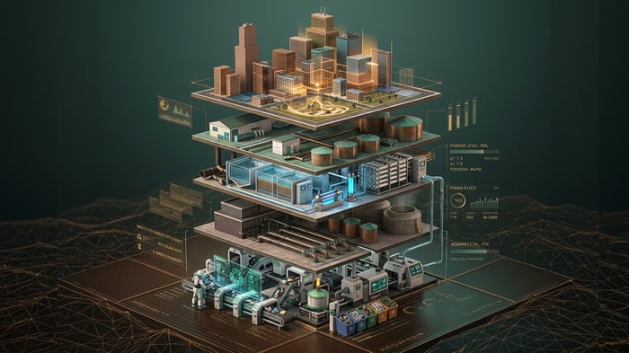 A 3D isometric diagram showing a layered smart city with water treatment, industrial, and urban infrastructure levels