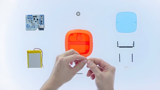 Hands assembling an orange IoT device casing surrounded by a circuit board, battery, and hardware components.