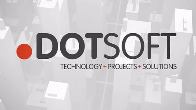 Dotsoft logo with the tagline "technology + projects + solutions" over a grey 3D digital city model background