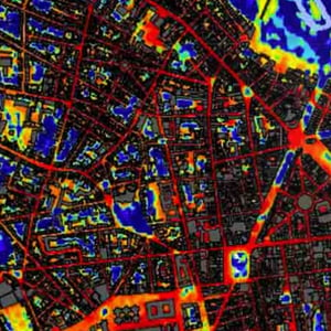 City map showing transportation routes in red and blue lines, highlighting urban heat islands.