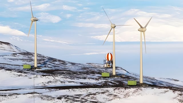 Three wind turbines and a red-and-white striped radome on a snow-covered mountain ridge under a blue sky.