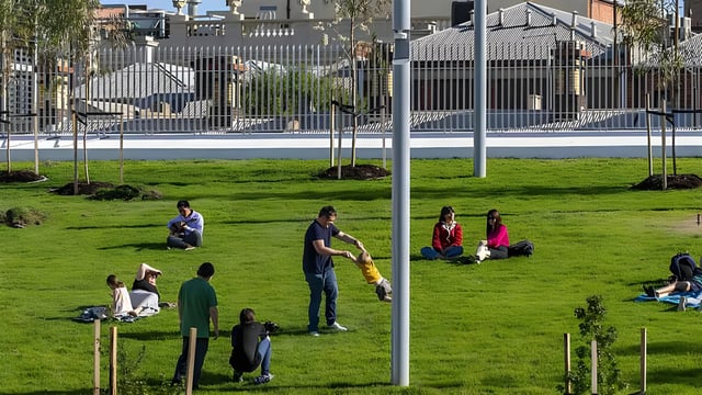 People relaxing on a green lawn in an urban park with smart lighting poles and a metal fence in the background.