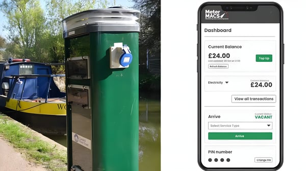 A green Meter MACS utility bollard by a canal boat next to a smartphone displaying the Meter MACS digital dashboard.