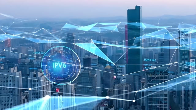 Digital cityscape with blue geometric network overlays and a circular icon containing the text IPV6.