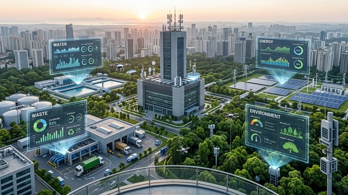 Digital illustration of a smart city with holographic data overlays for water, waste, energy, and environment.