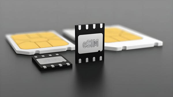 A small black eSIM chip standing upright next to traditional white plastic SIM cards on a dark surface.