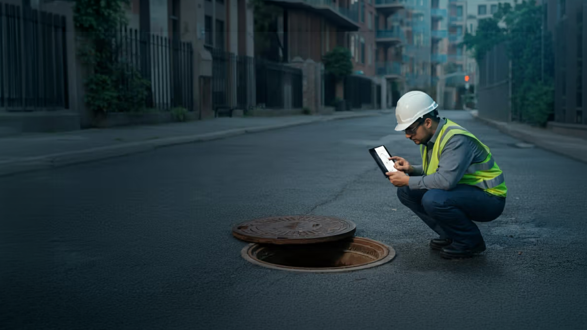 A utility worker in a hard hat and safety vest crouches by an open manhole on a city street while using a tablet.