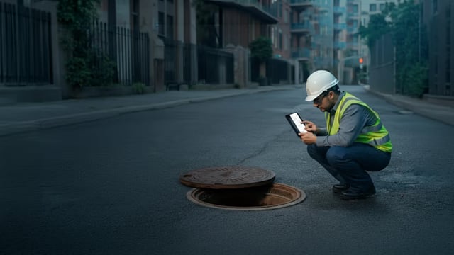 A utility worker in a hard hat and safety vest crouches by an open manhole on a city street while using a tablet.