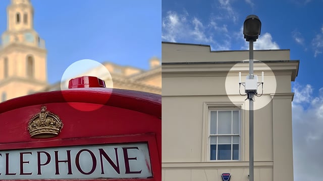 Small cell wireless nodes mounted on a red London telephone box and a street lighting pole in a UK city.