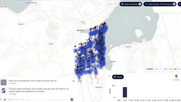 Digital map interface showing a blue heatmap of utility assets with a sidebar chat window discussing transformer health.