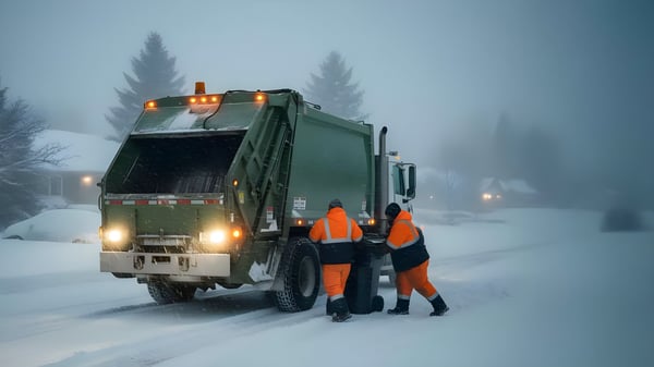 Two sanitation workers in orange high-visibility gear loading a green garbage truck on a snow-covered residential street.