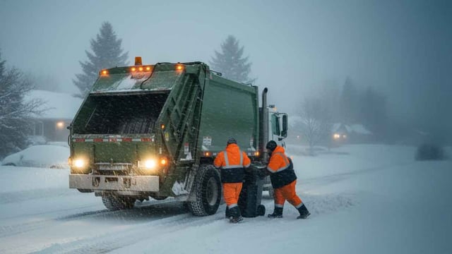 A waste collection truck with workers in the snow