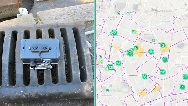 IoT sensor installed on a metal street gully grate next to a digital map showing urban drainage network data points.