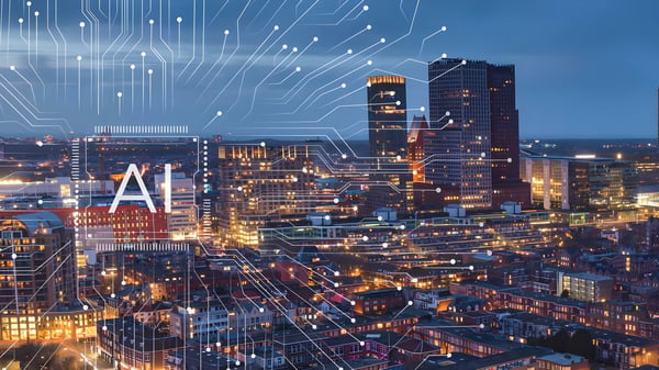 Digital circuit board overlay with AI text superimposed on an illuminated city skyline at dusk.