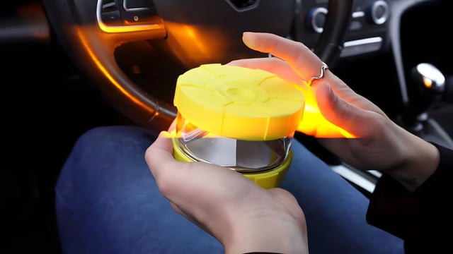 A person inside a car holding a flashing yellow V16 emergency beacon near the steering wheel.